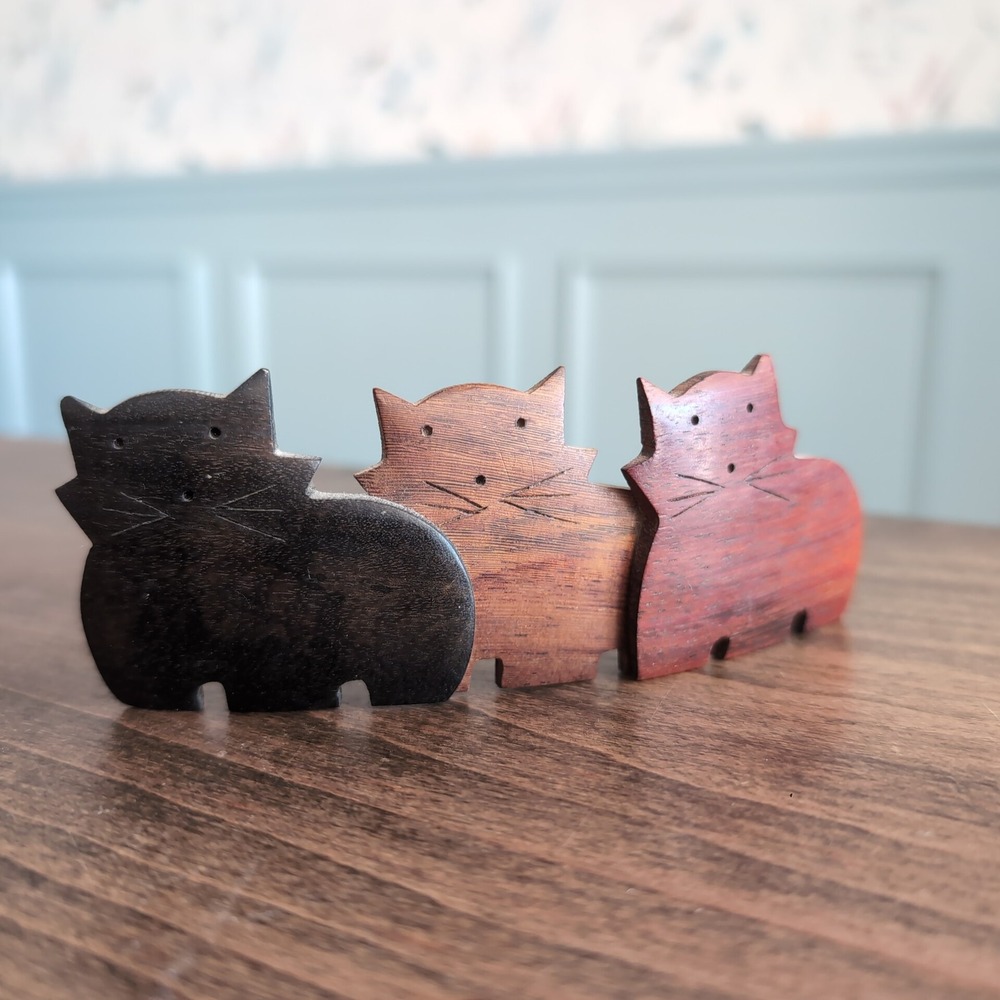 Vintage Wood Cat Trio Barrette French Hair Clip 3 Cats Kitty Kitten Folk Art